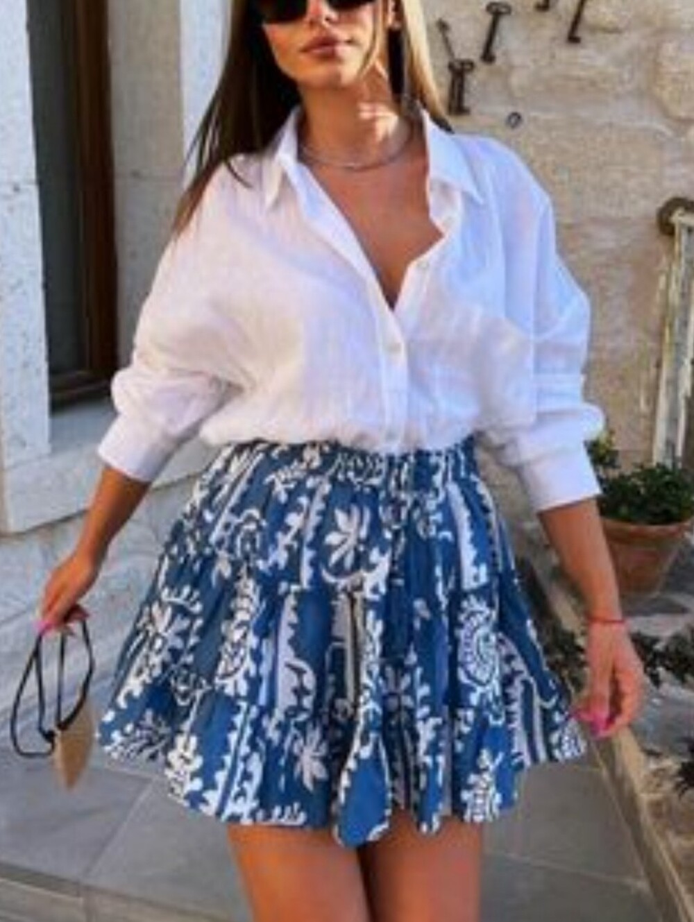 Zara Blue and White Coastal Tiered Mini Flowy Skirt Beaded Tassels Medium